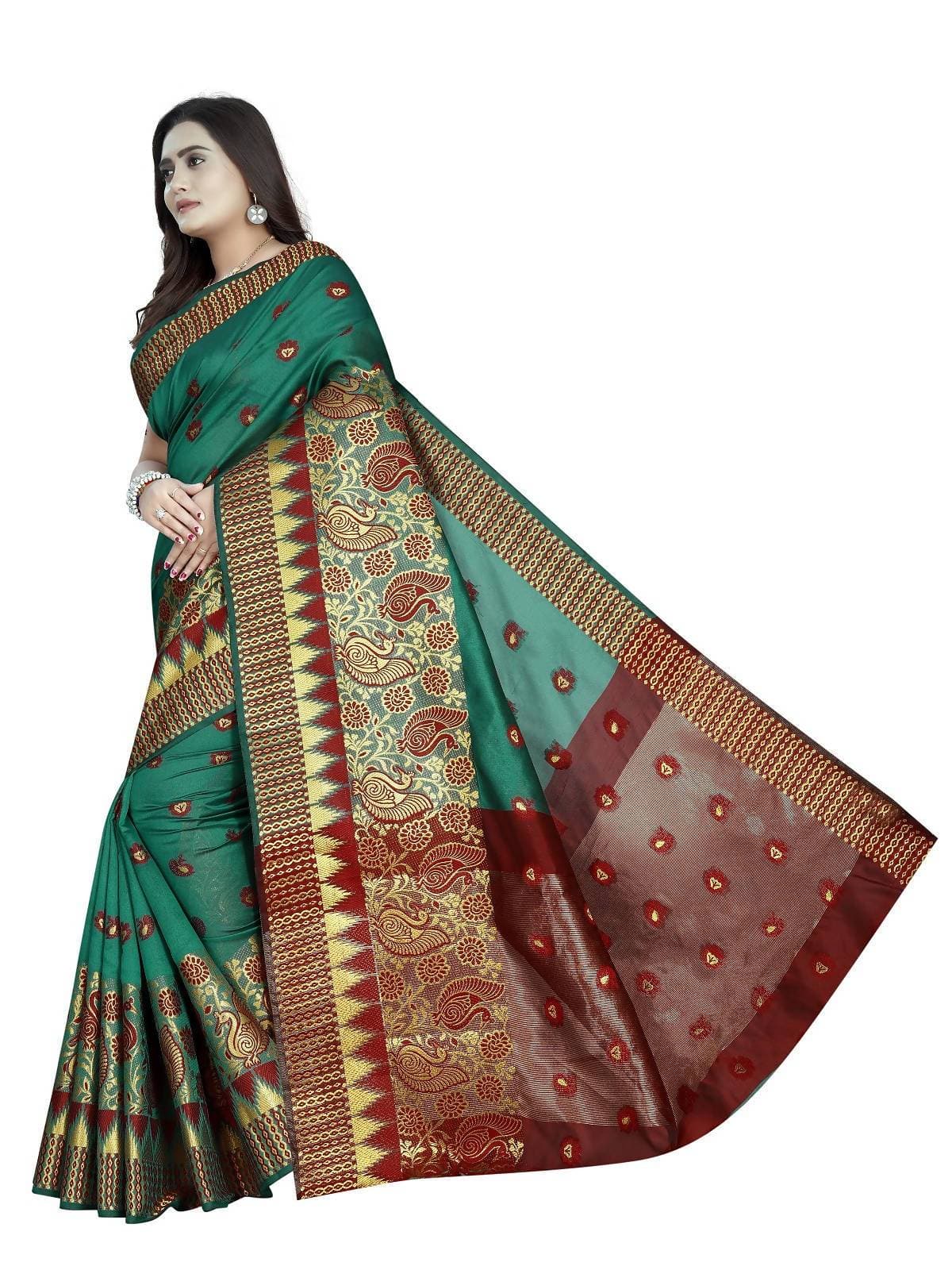Vamika Banarasi Jaquard Rama Green & Red Weaving Saree
