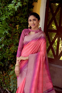 Thumbnail for Vishnu Weaves Women's Pink South Silk Zari Woven Saree with Unstitched Blouse - Distacart