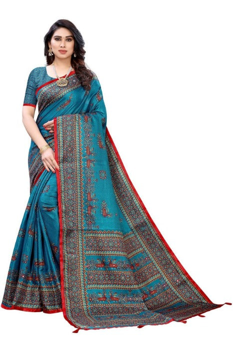 Vamika Blue Mirror Work With Jhalar Khadi Silk Saree (AASHI BLUE)