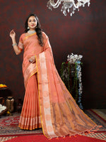 Thumbnail for Lorenvalley Fashion Peach Cotton with Woven Design Zari Weaving Saree - Distacart