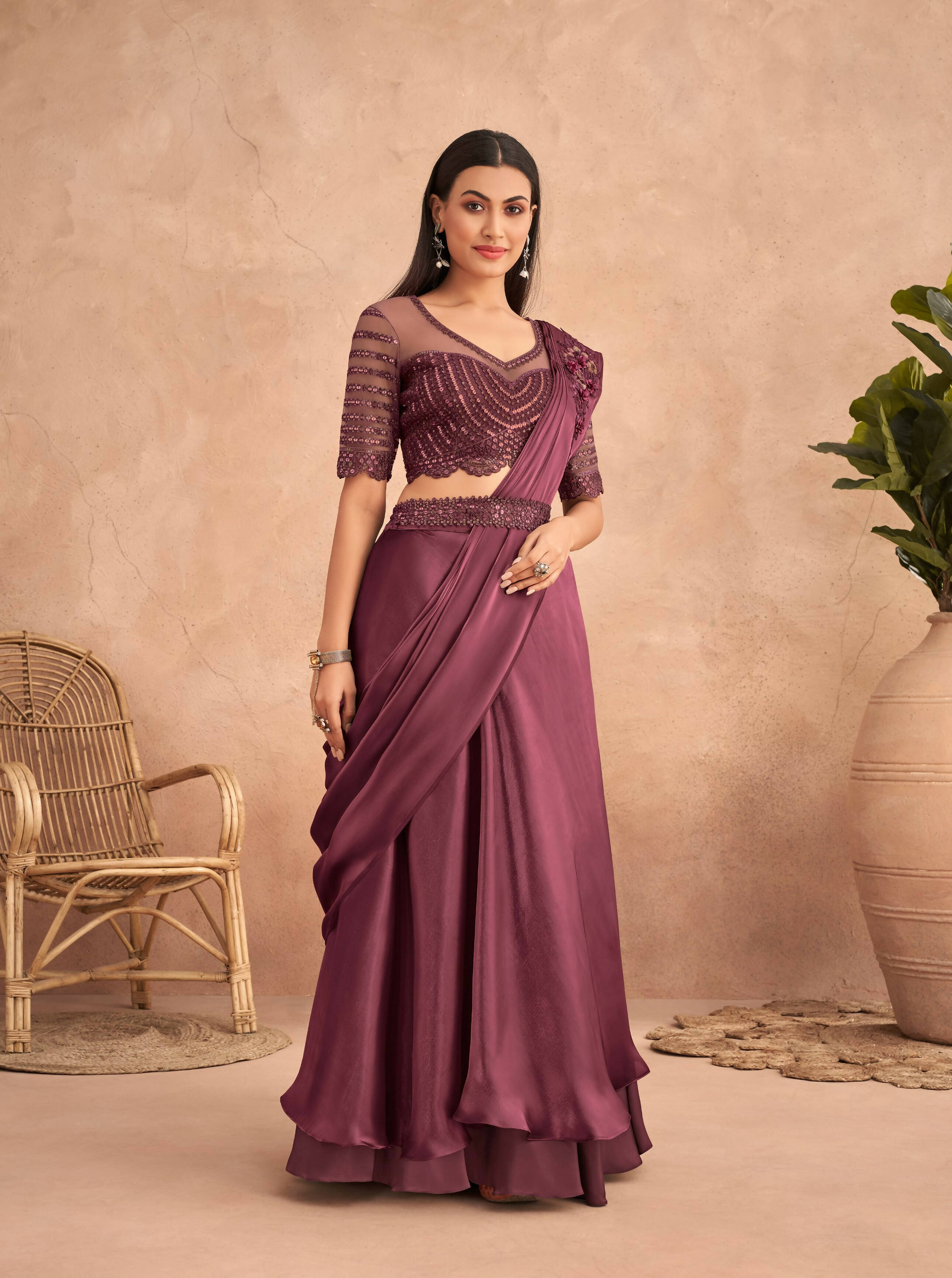 Wine Satin Embroidered Ready To Wear Saree With Unstitched Blouse Piece - Nandika - Distacart