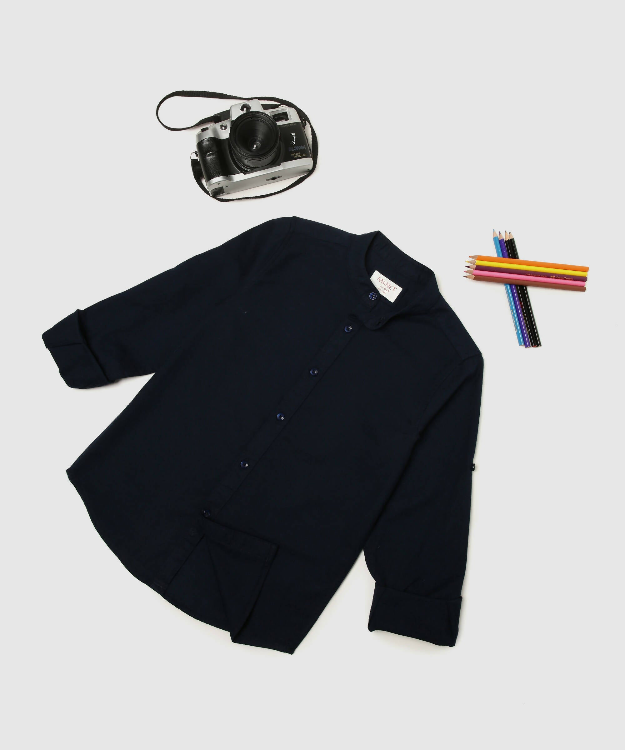 Manet Boys Mandarin Collar Full Sleeves Melange Shirt - Navy Blue - Distacart