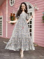 Thumbnail for Green Rayon Foil Printed Long Dress - Michan - Distacart