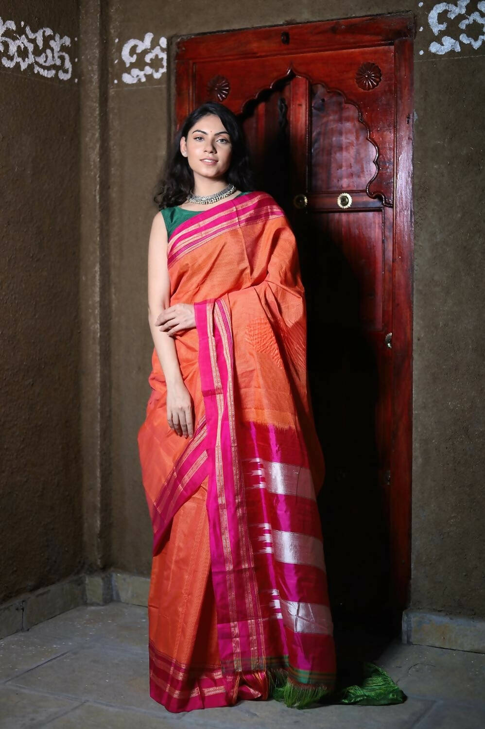 Very Much Indian Handloom Cotton Viscose Ilkal Saree With Pure Resham Pallu - Orange - Distacart