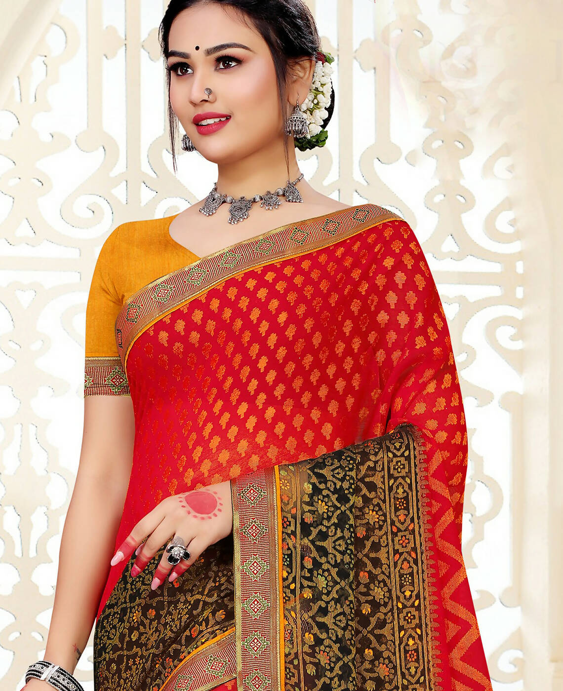 Red & Black Chiffon Brasso Printed Saree With Unstitched Blouse Piece - Jyoti - Distacart