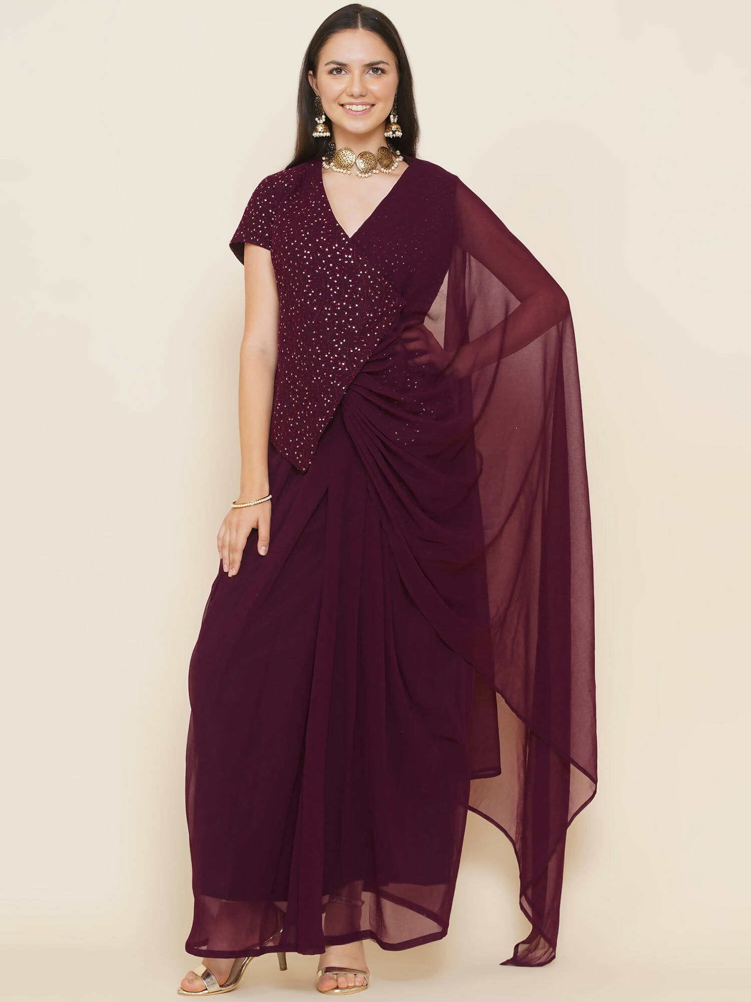 Women Republic Bronze Georgette Jacket With Skirt - Distacart