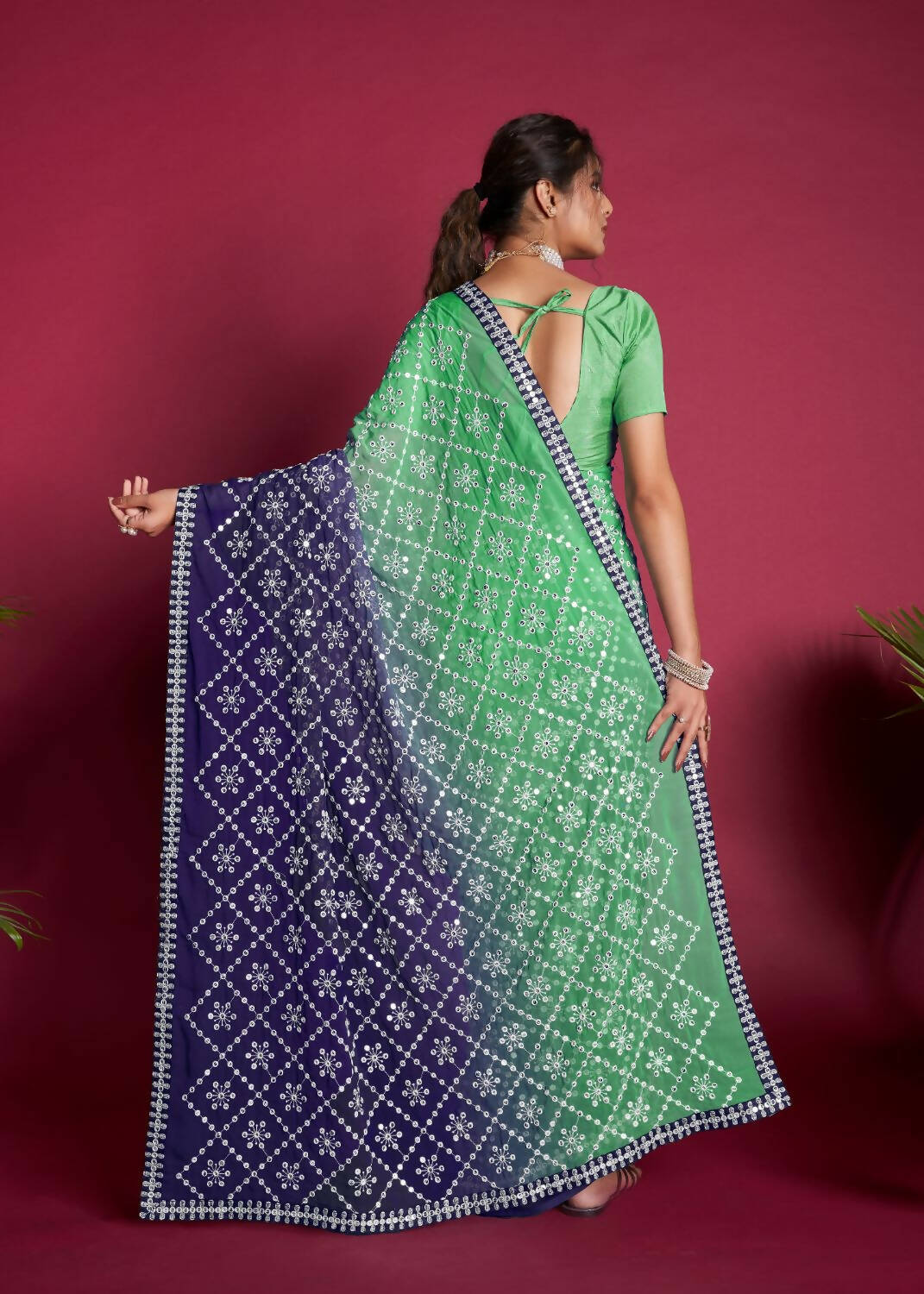 Vamsee Green And Blue Georgette Designer Saree - Distacart