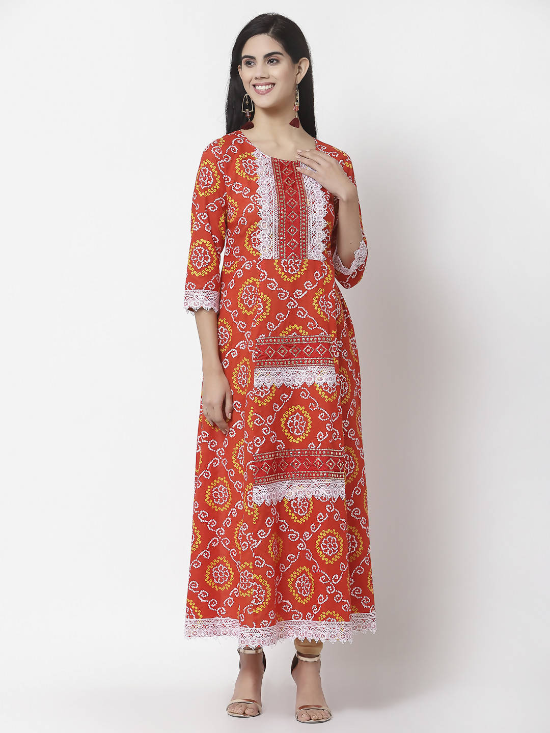 Myshka Women's Pure Cotton Round Neck Printed 3/4 Sleeve Dress