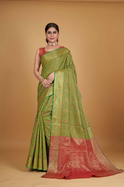 Green Silk Woven Design Saree With Unstitched Blouse Piece - Akshita - Distacart