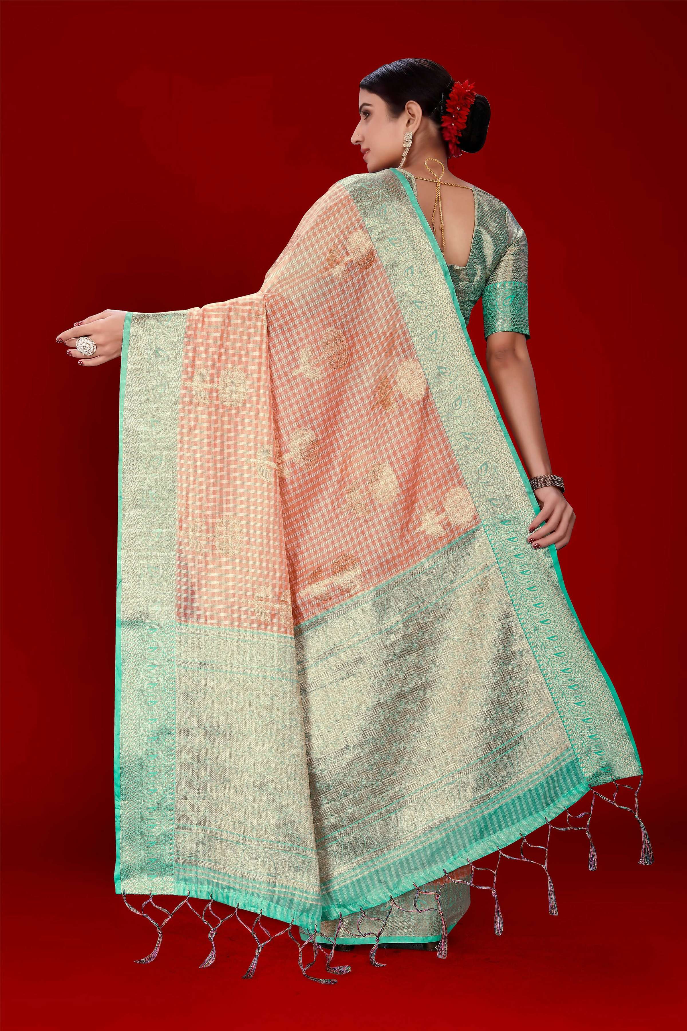 Orange Soft Organza Woven Design Saree With Unstitched Blouse Piece - Zaara - Distacart