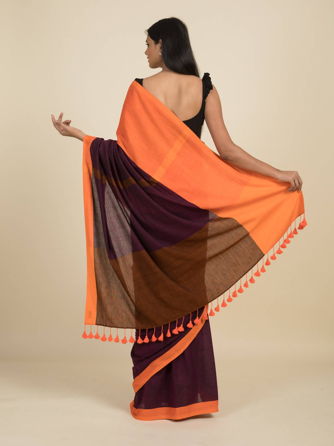 Suta Purple Orange Colourblocked Pure Cotton Saree - Distacart