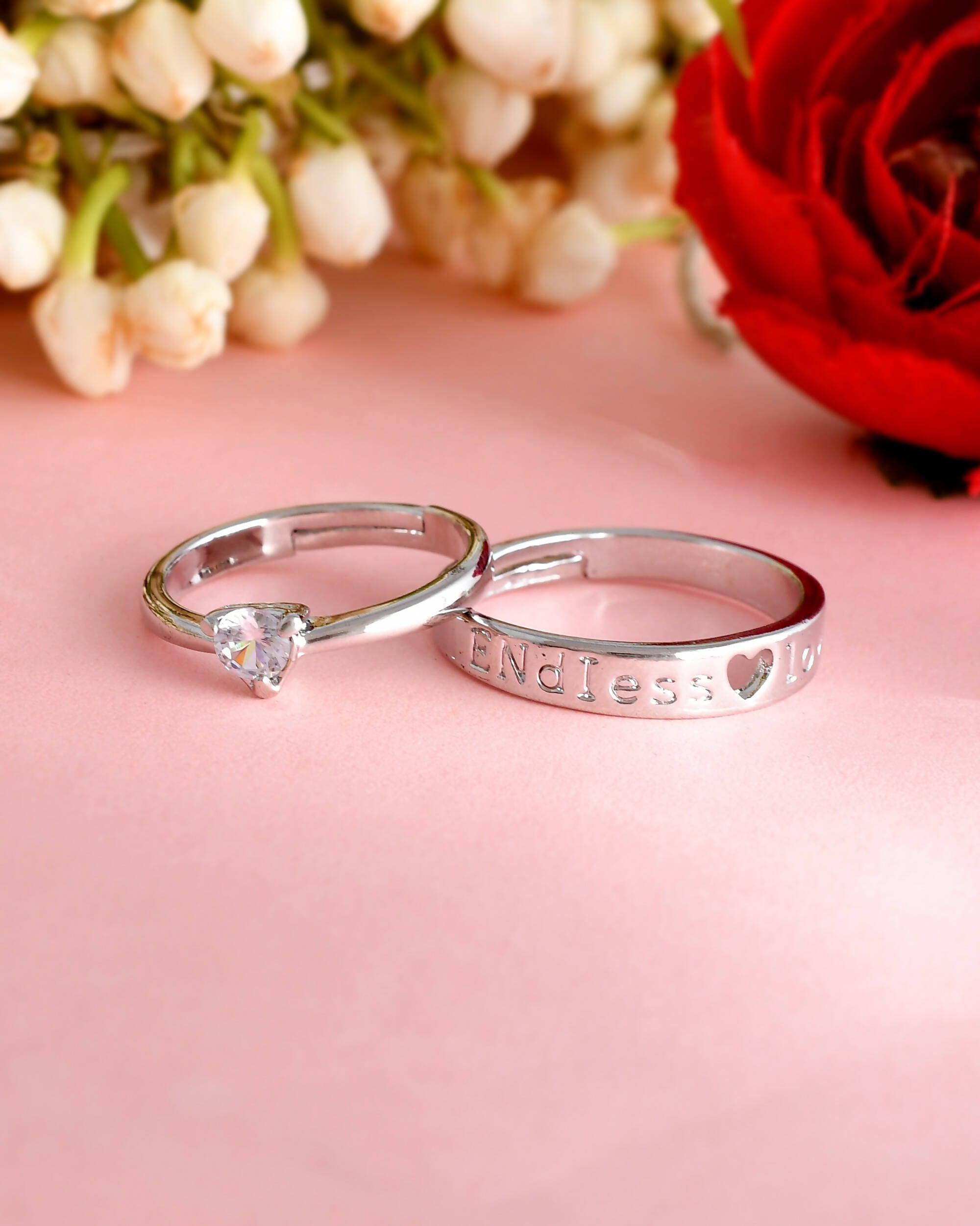 VOJ Stainless Steel Cubic Zirconia Silver Plated Adjustable Ring Set for Couple - Distacart