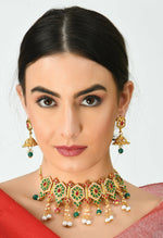 Thumbnail for Mominos Fashion Johar Kamal Women Gold-Plated Brass Finish Meena & Pearls Work Choker - Distacart