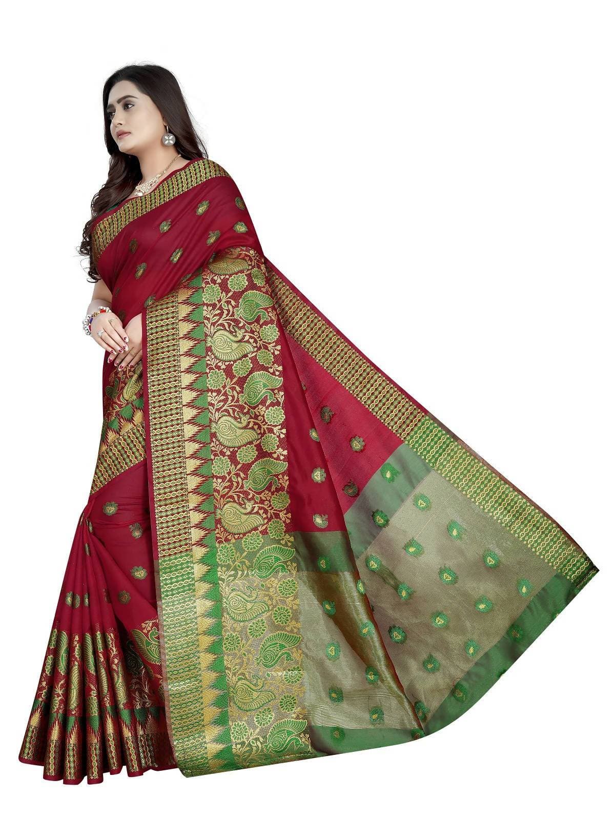 Vamika Banarasi Jaquard Red Weaving Saree With Green Blouse