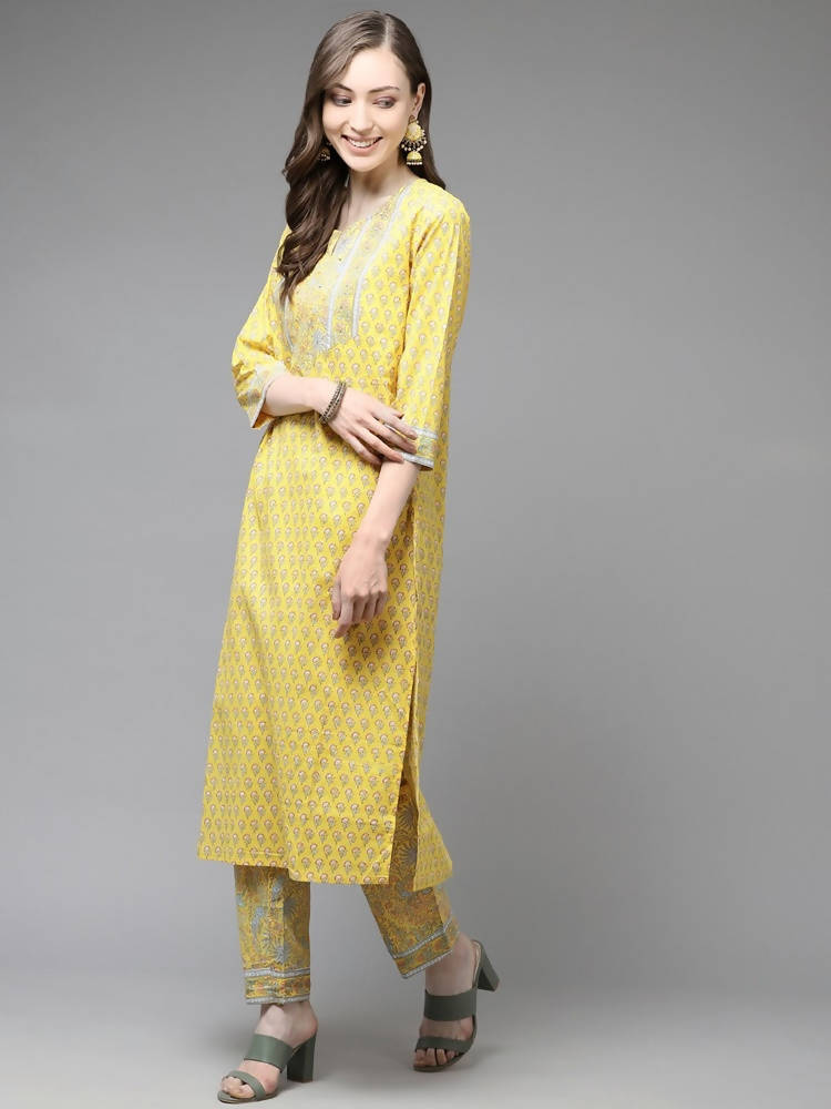 Yufta Yellow and Blue printed kurta with Trouser and Dupatta