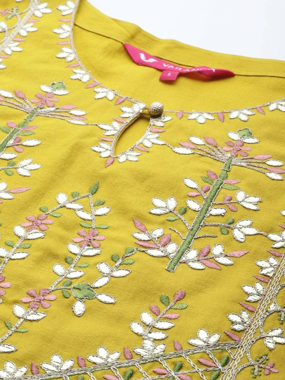 Varanga Women Mustard Yellow Yoke Design Mirror Work Cotton Kurta With Trousers & Dupatta - Distacart