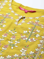 Thumbnail for Varanga Women Mustard Yellow Yoke Design Mirror Work Cotton Kurta With Trousers & Dupatta - Distacart