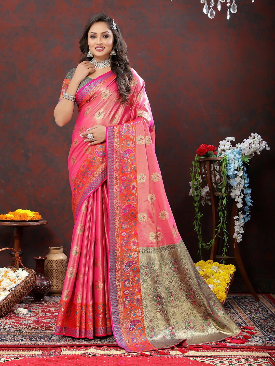 Lorenvalley Fashion Pink Kanjivaram Silk Woven Design with Zari Weaving Saree - Distacart