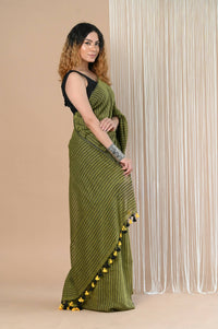 Thumbnail for Very Much Indian Designer Pure Cotton Saree With All Over Linear Stripes - Pine Green - Distacart