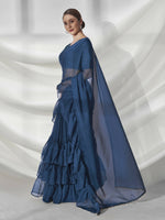 Thumbnail for Teal Organza Solid Saree With Unstitched Blouse Piece - Shanaya - Distacart