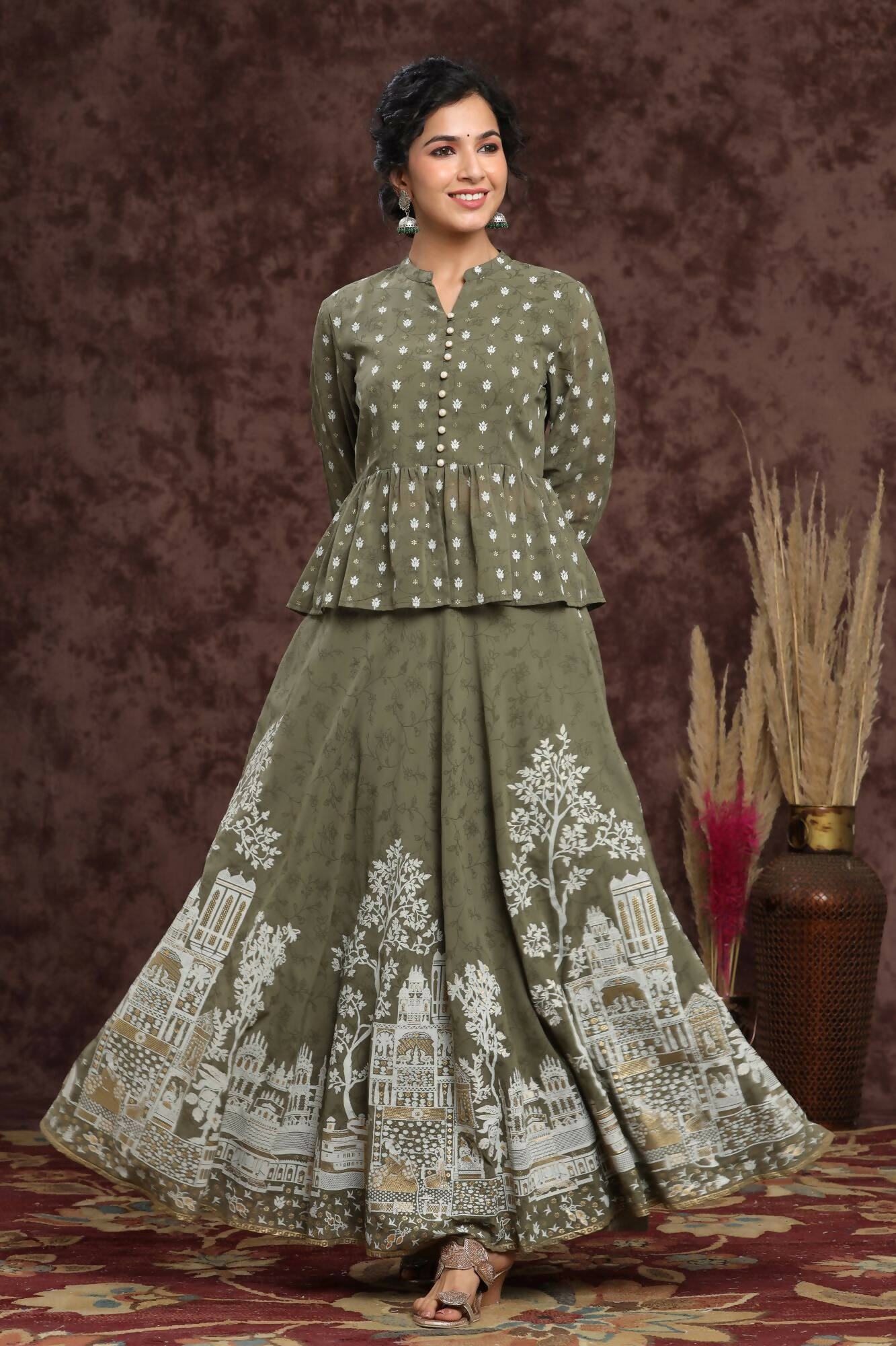 Juniper Women Olive Georgette Printed Flared Lehenga Choli Sets - Distacart