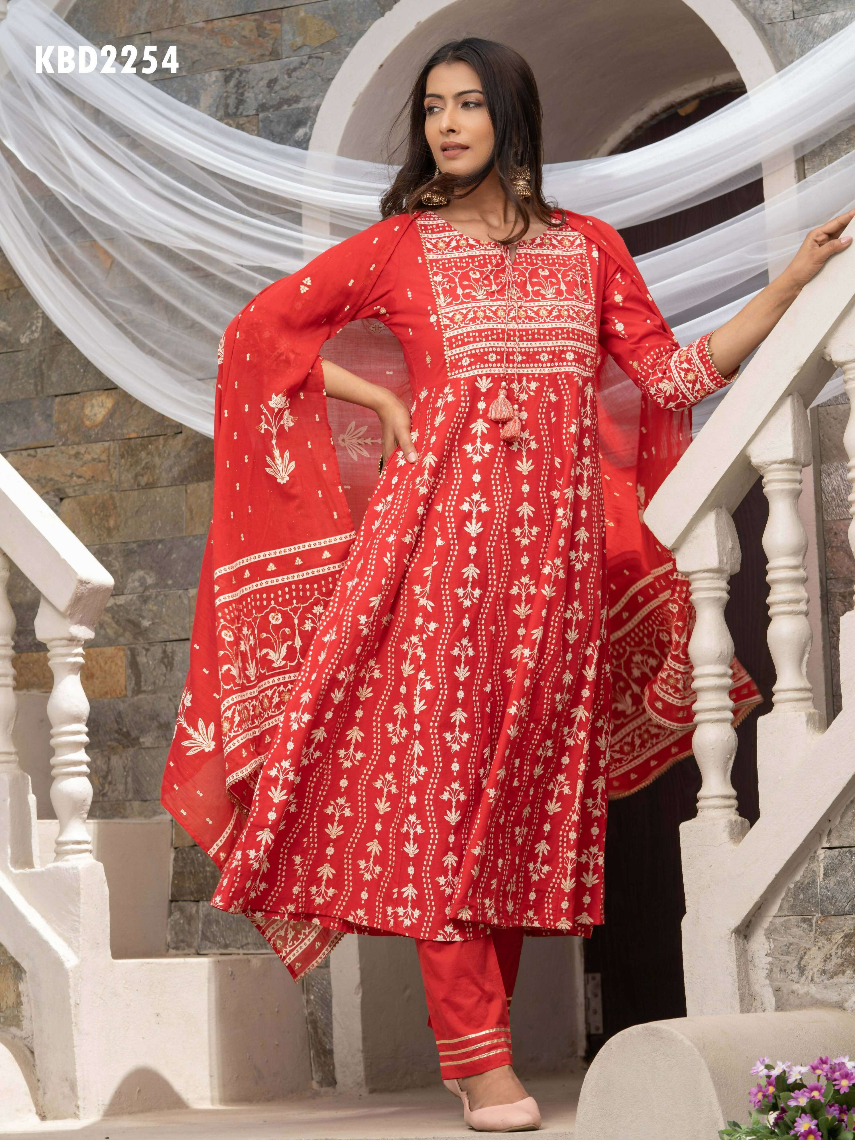 Red Cotton Cambric Printed with Sequins work Anarkali Kurta with Pant & Dupatta - Akashara - Distacart