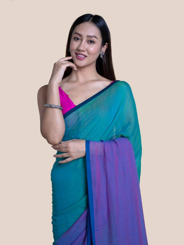 Suta Purple Green Colourblocked Mul Saree - Distacart