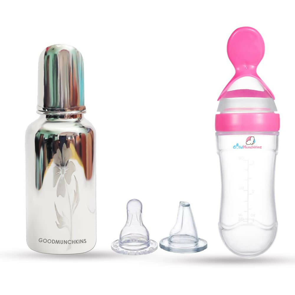 Goodmunchkins Stainless Steel Feeding Bottle & Spoon Food Feeder Anti Colic Silicone Nipple Combo-(Pink,220ml) - Distacart