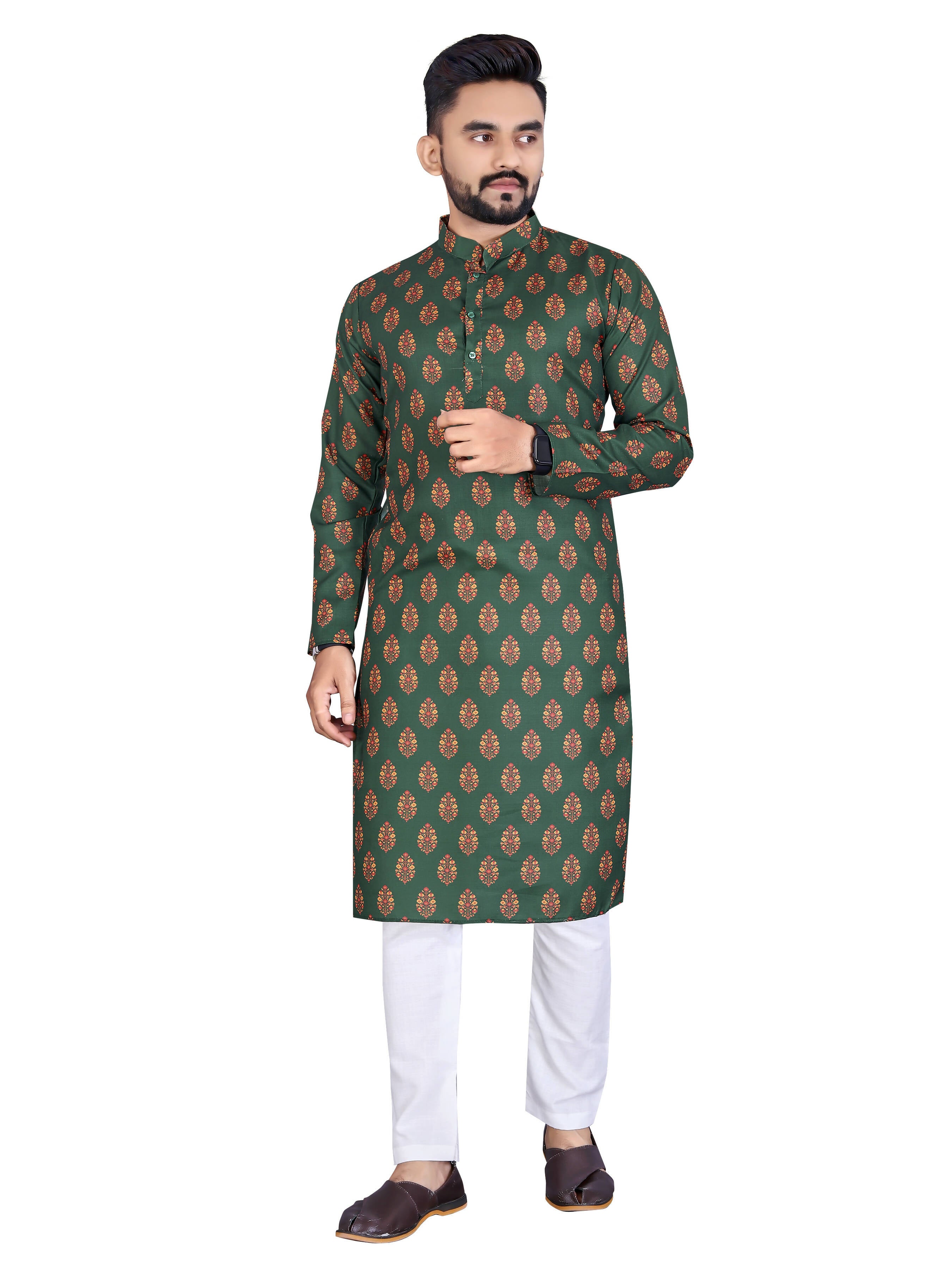 Mens Green Cotton Printed Kurta - Mahotsav - Distacart