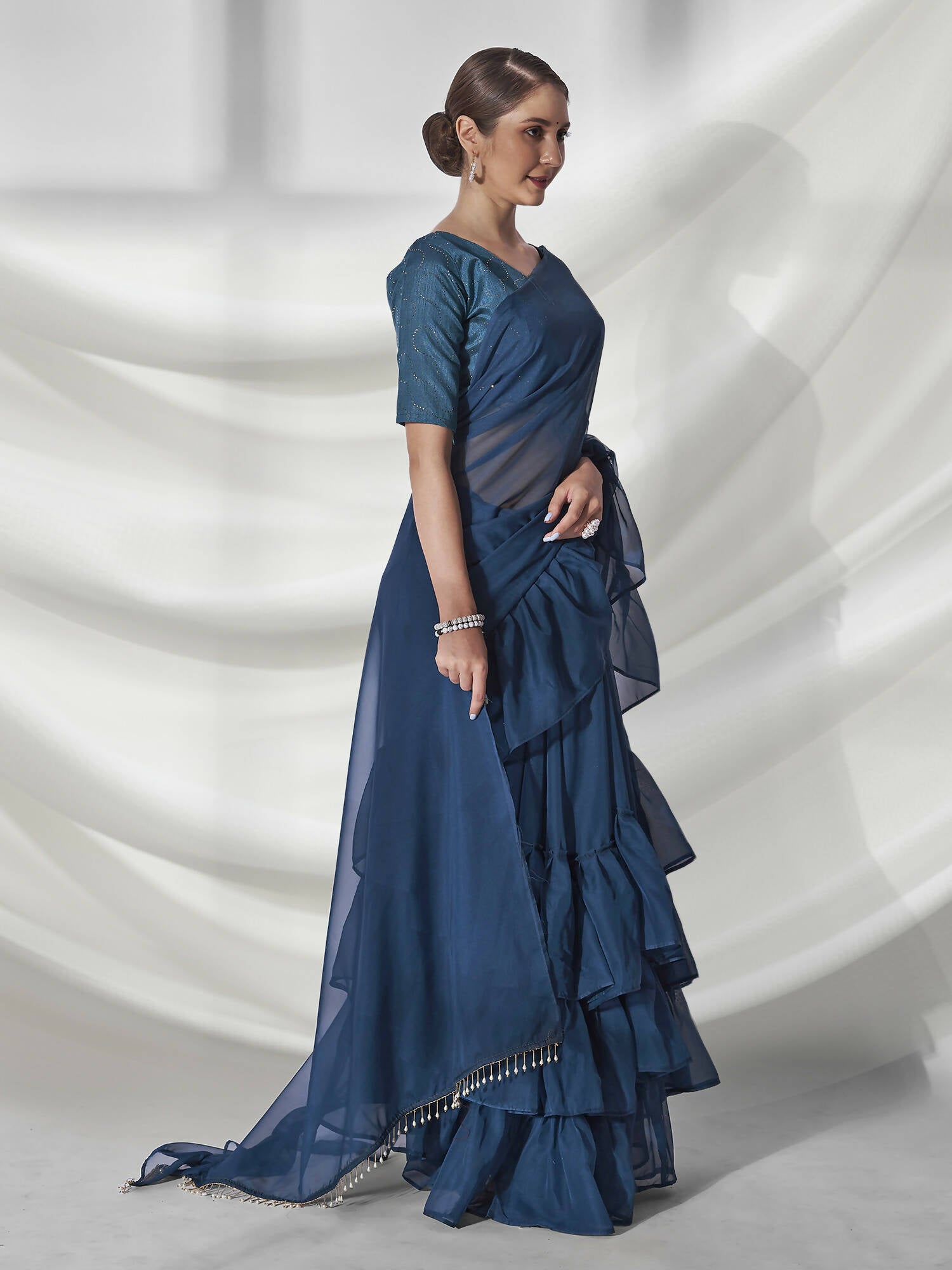 Teal Organza Solid Saree With Unstitched Blouse Piece - Shanaya - Distacart