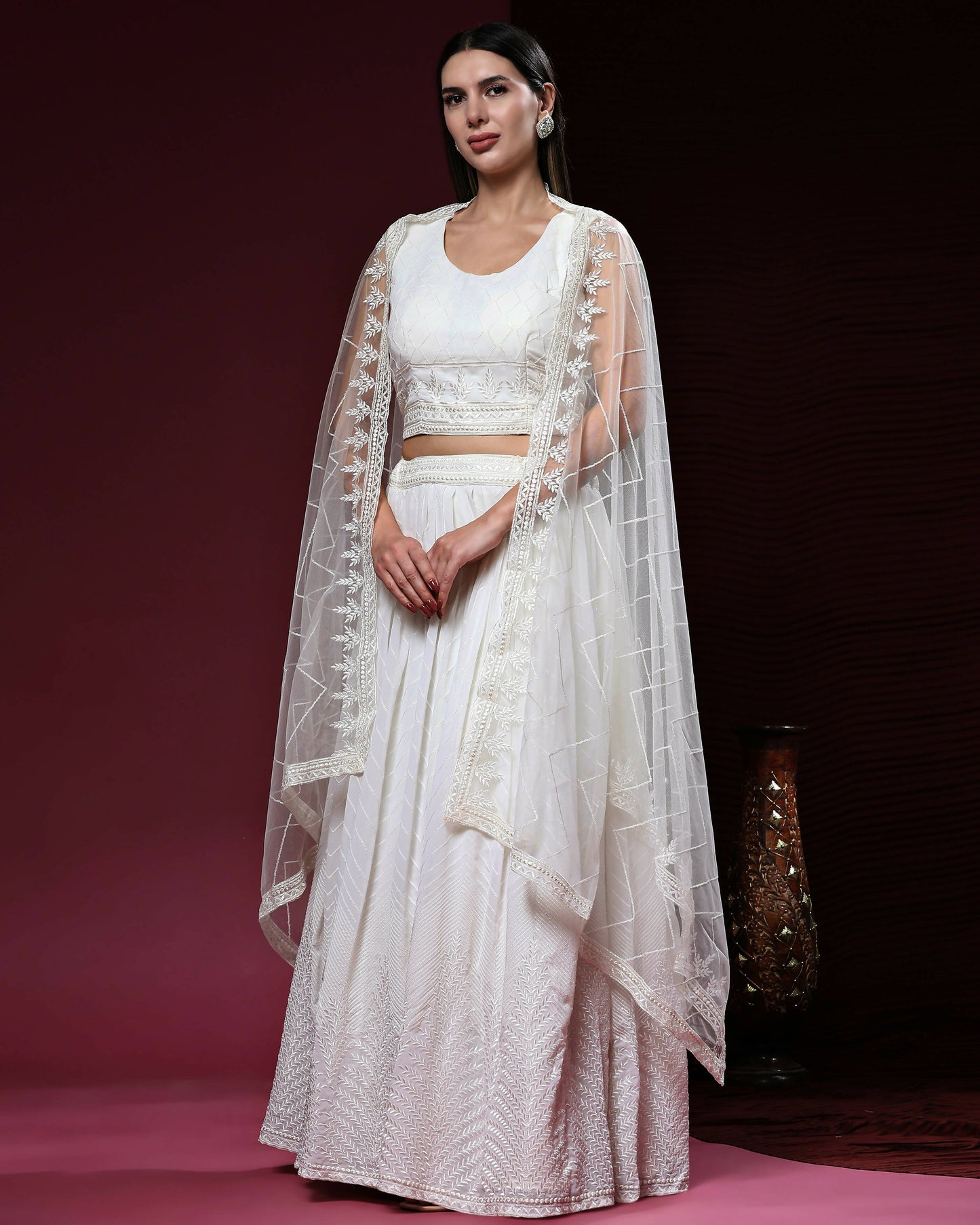 White Pure Viscose Georgette Sequence Embroidery work Lehenga Choli with Dupatta - Aakriti - Distacart