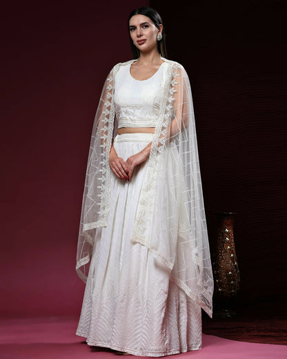 White Pure Viscose Georgette Sequence Embroidery work Lehenga Choli with Dupatta - Aakriti - Distacart