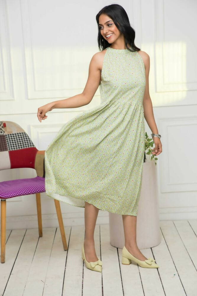 Myshka Women Ethnic Motifs Rayon A-Line Round Neck Green Dress - Distacart