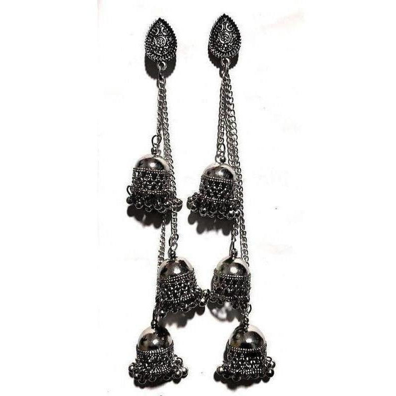 Antique Fashion Kashmiri Black Color Long Hangings Chains Jhumkas Pearls Earrings