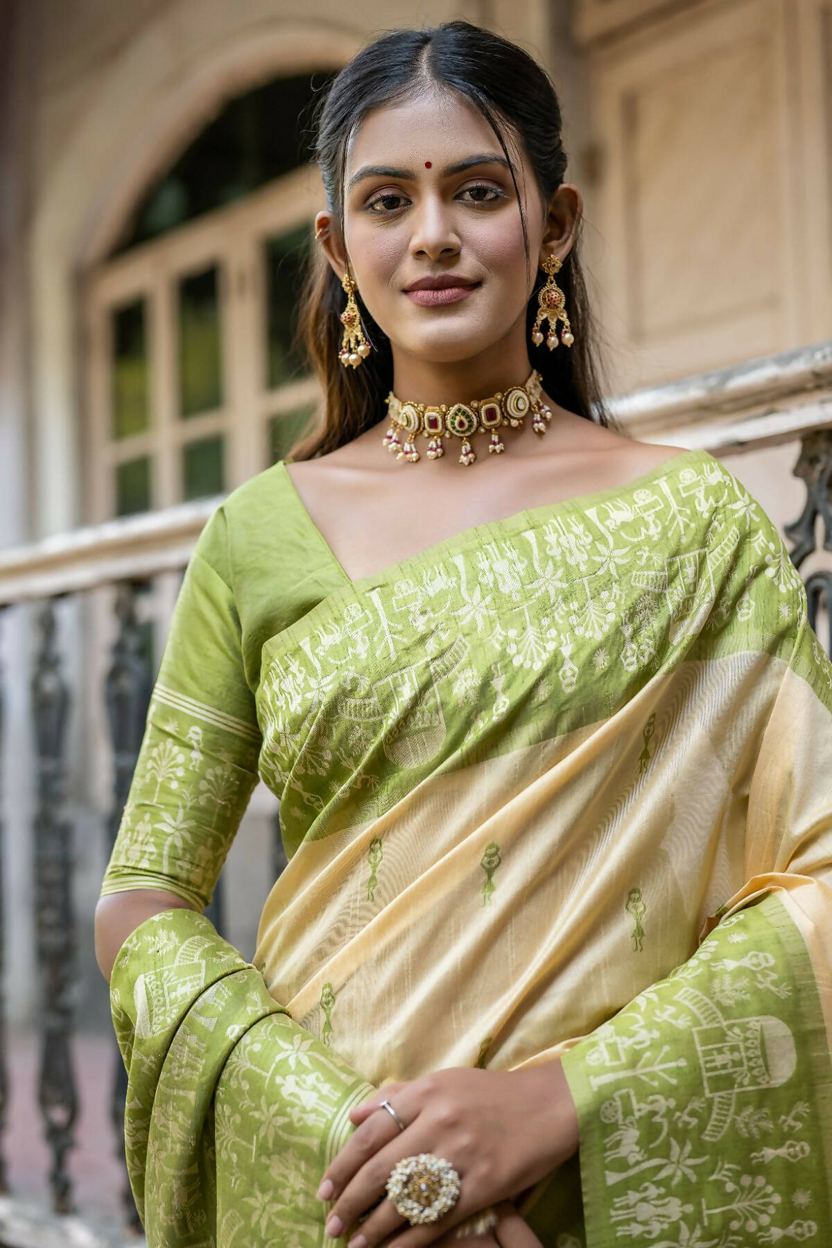 Vishnu Weaves Women's Mahendi Handloom Raw Silk Woven Saree with Blouse - Distacart