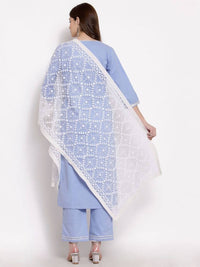 Thumbnail for Myshka Beautiful Women's Blue Cotton 3/4 Sleeve Round Neck Solid Casual Kurta Pant Dupatta Set