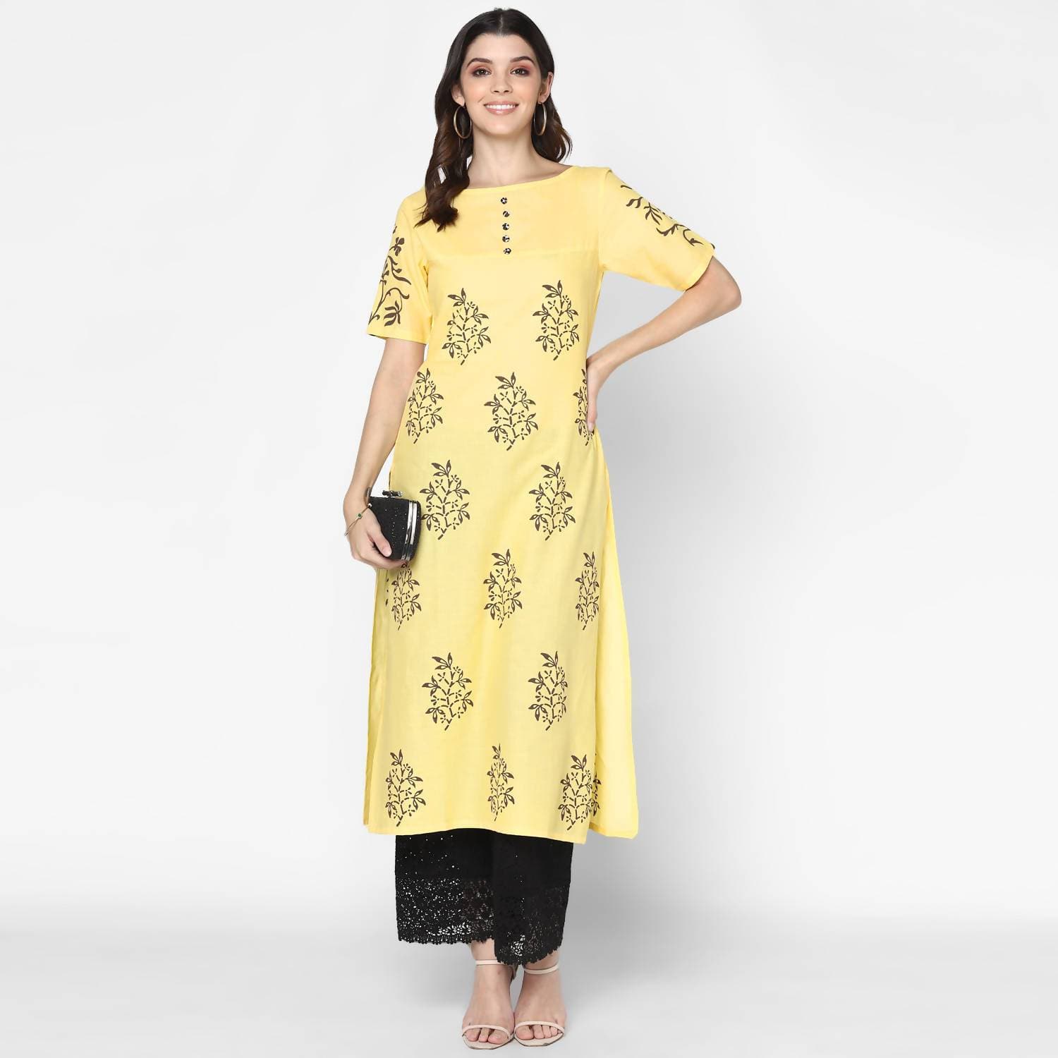 Cheera Hand Block Print Pale Yellow & Black Straight Kurta With Palazzo (MAAI-082K)