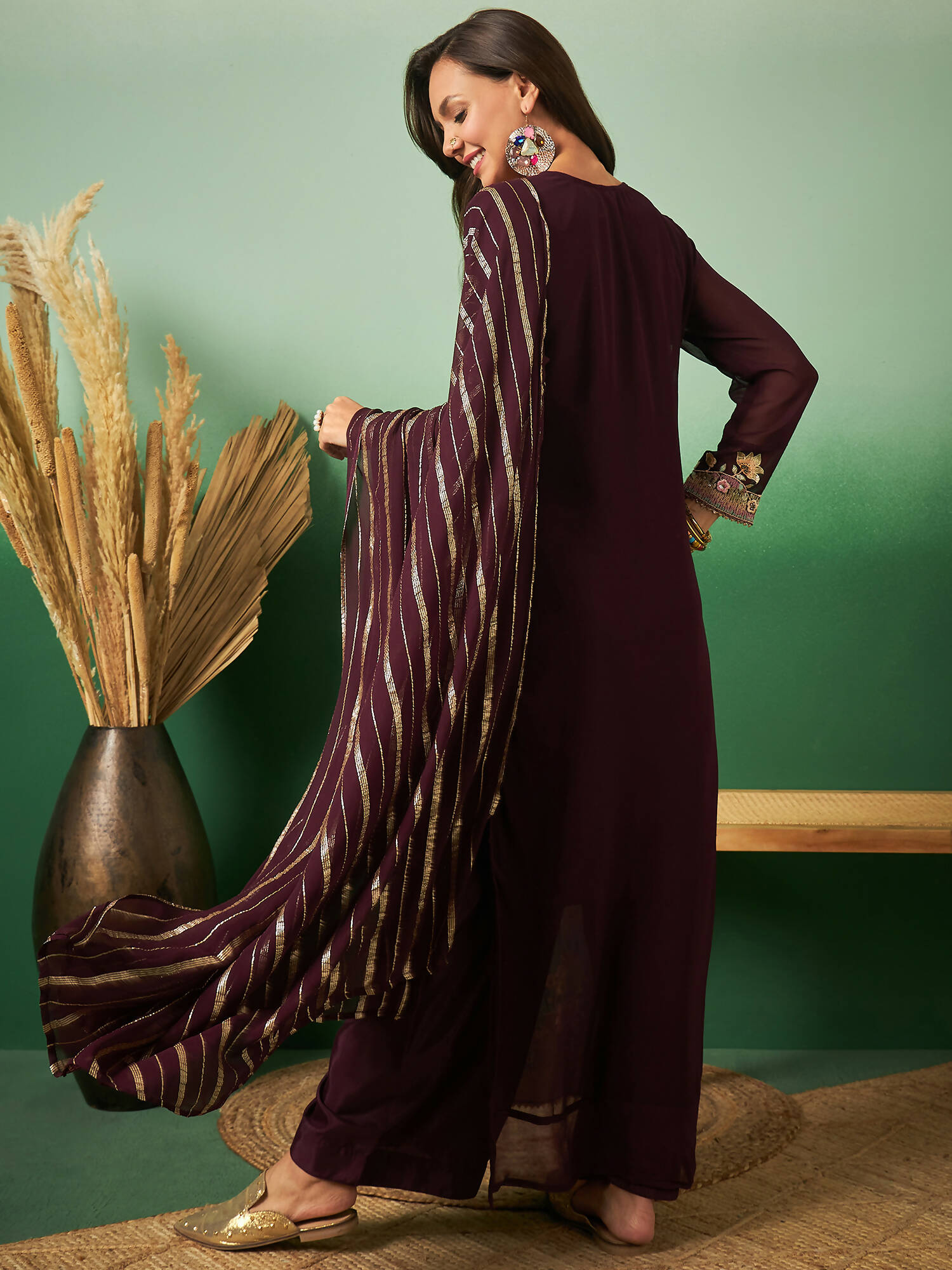 Wine Georgette Handwork Unstitched Dress Material - Hanika - Distacart