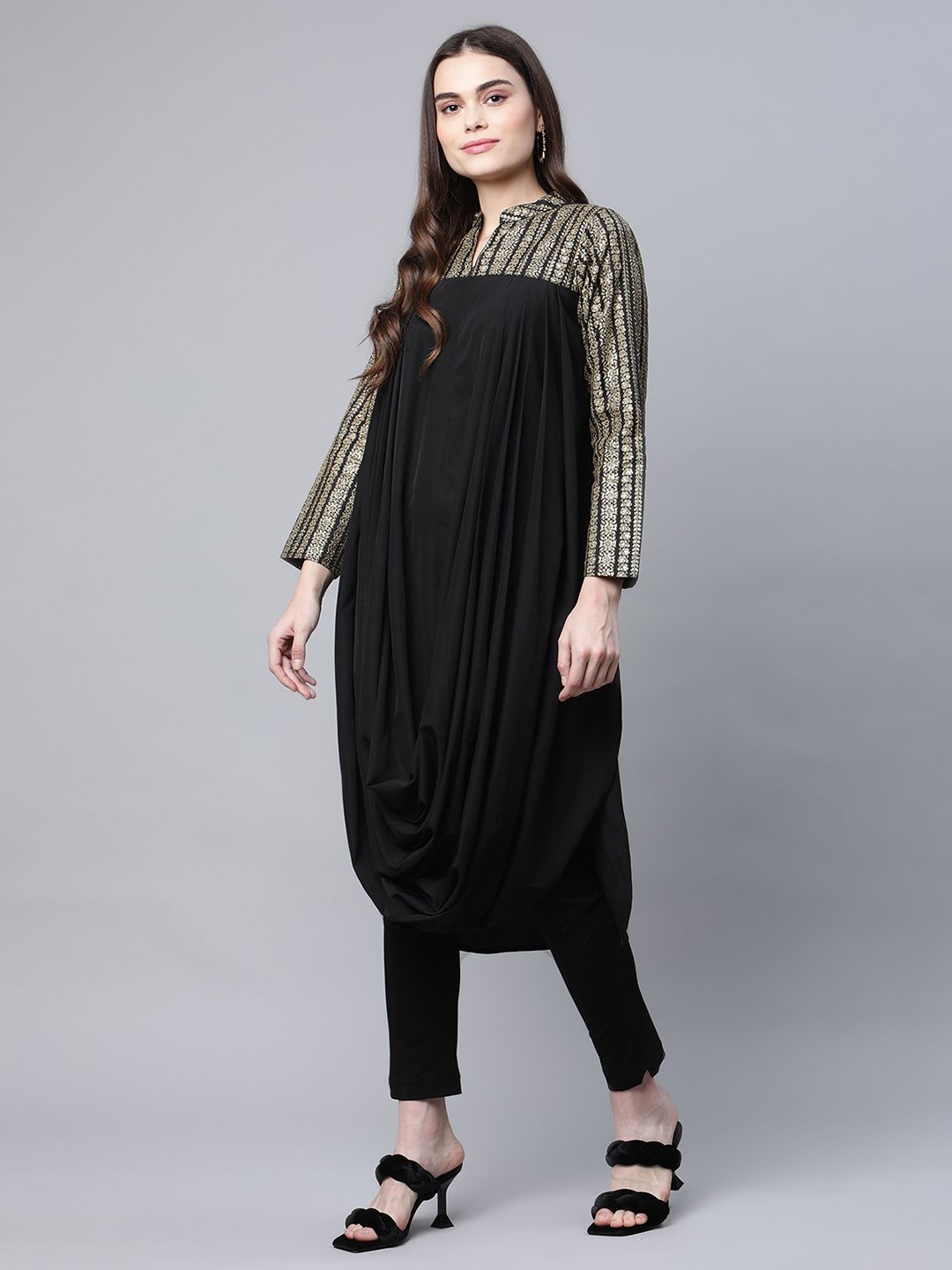 Ahalyaa Womens Black Crepe Rubber Print Cowl Style Kurta - Distacart