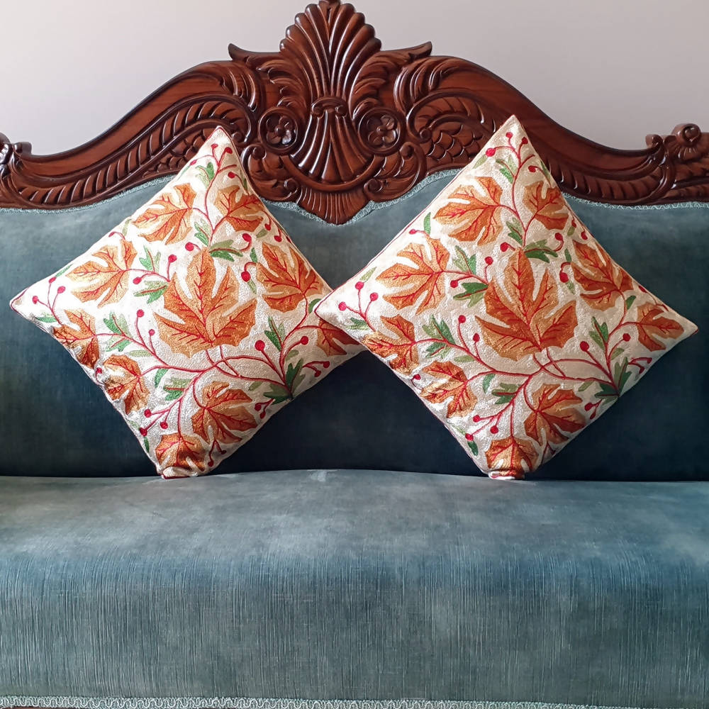 The Decor Nook Hand Embroidered Crewel Cushion Covers in Mustard Chinar Leaf Motif with Off White Base - Distacart