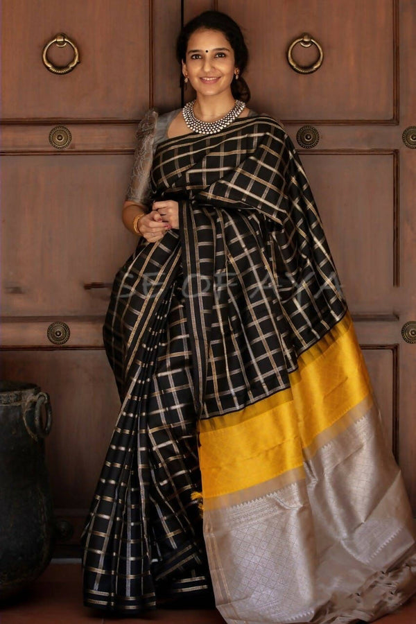 DEIANA'S Beautiful Golden Jari with New Design Soft Lichi Silk Saree - Black - Distacart