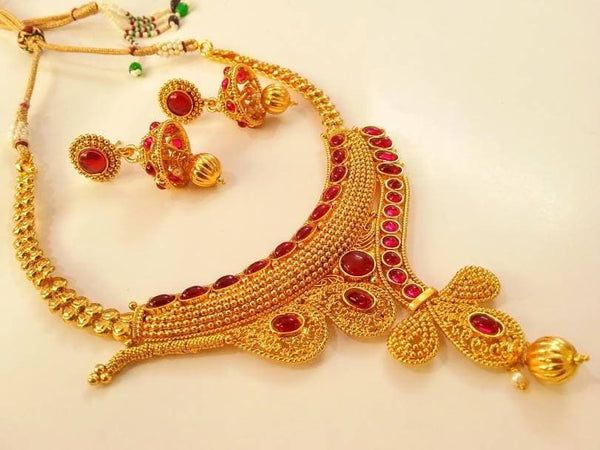 Pink Kemp Designer Necklace Set With Jhumka Earrings