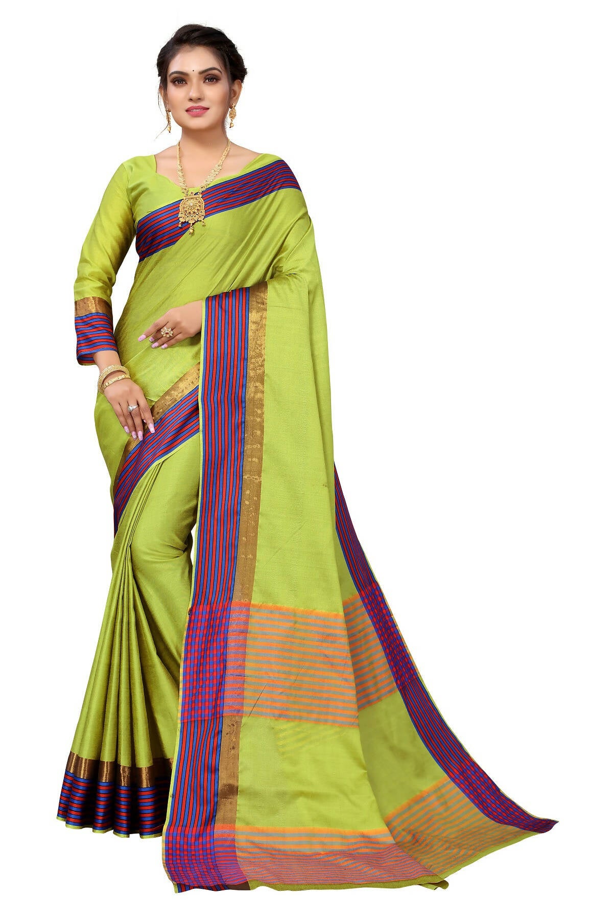 Vamika Ethnic Fire Parrot Green Cotton Silk Saree - Distacart