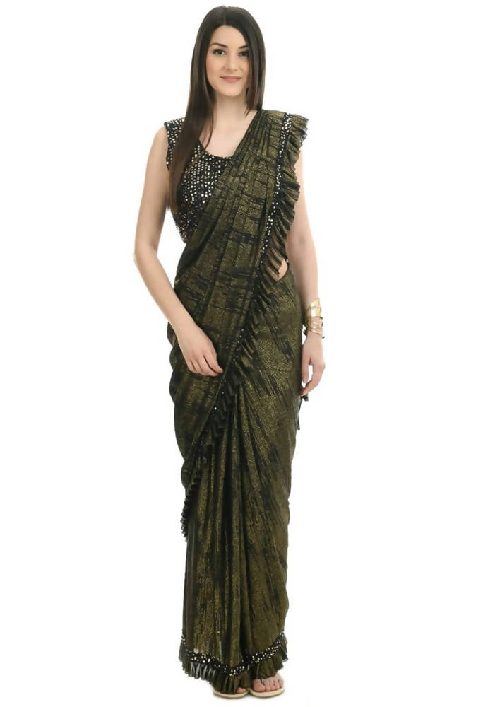 Mominos Fashion All Season Wear Olive Green And Black Ruffled Ready To Wear Saree - Distacart