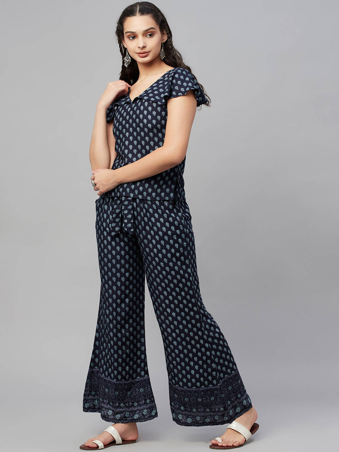 Myshka Women Blue Printed Top Palazzo Set - Distacart