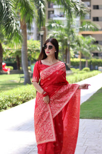 Thumbnail for Aastha Fashion Red Woven Handloom Raw Silk Saree with Blouse - Distacart