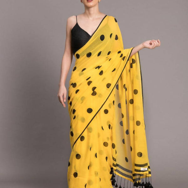 Suta Yellow and Black Polka Printed Pure Cotton Saree - Distacart