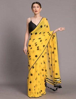 Suta Yellow and Black Polka Printed Pure Cotton Saree - Distacart