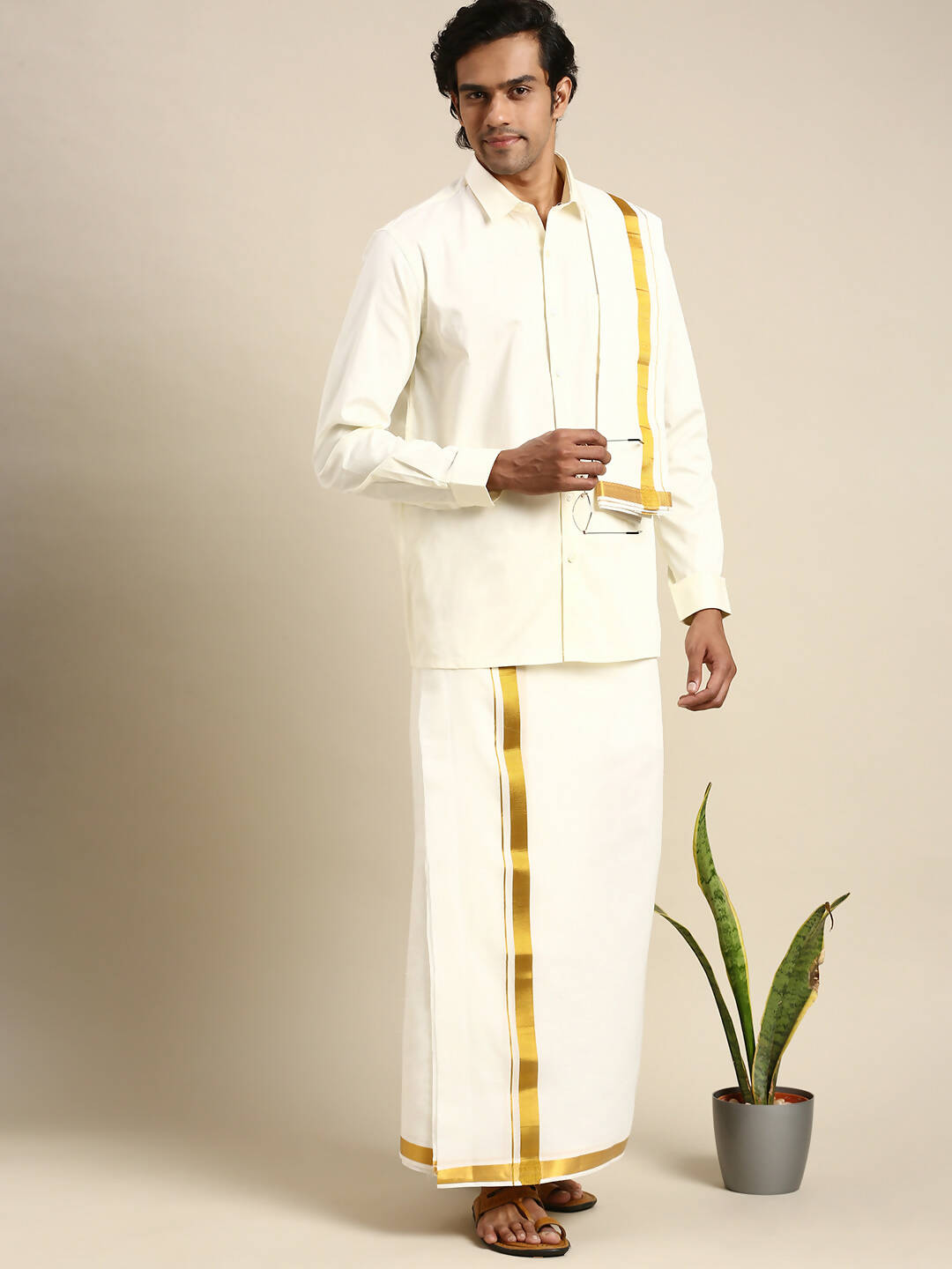 Ramraj Cotton Wedding Cream Zari Dhoti with shirt Bit & Towel Set Akshayam 50k - Distacart