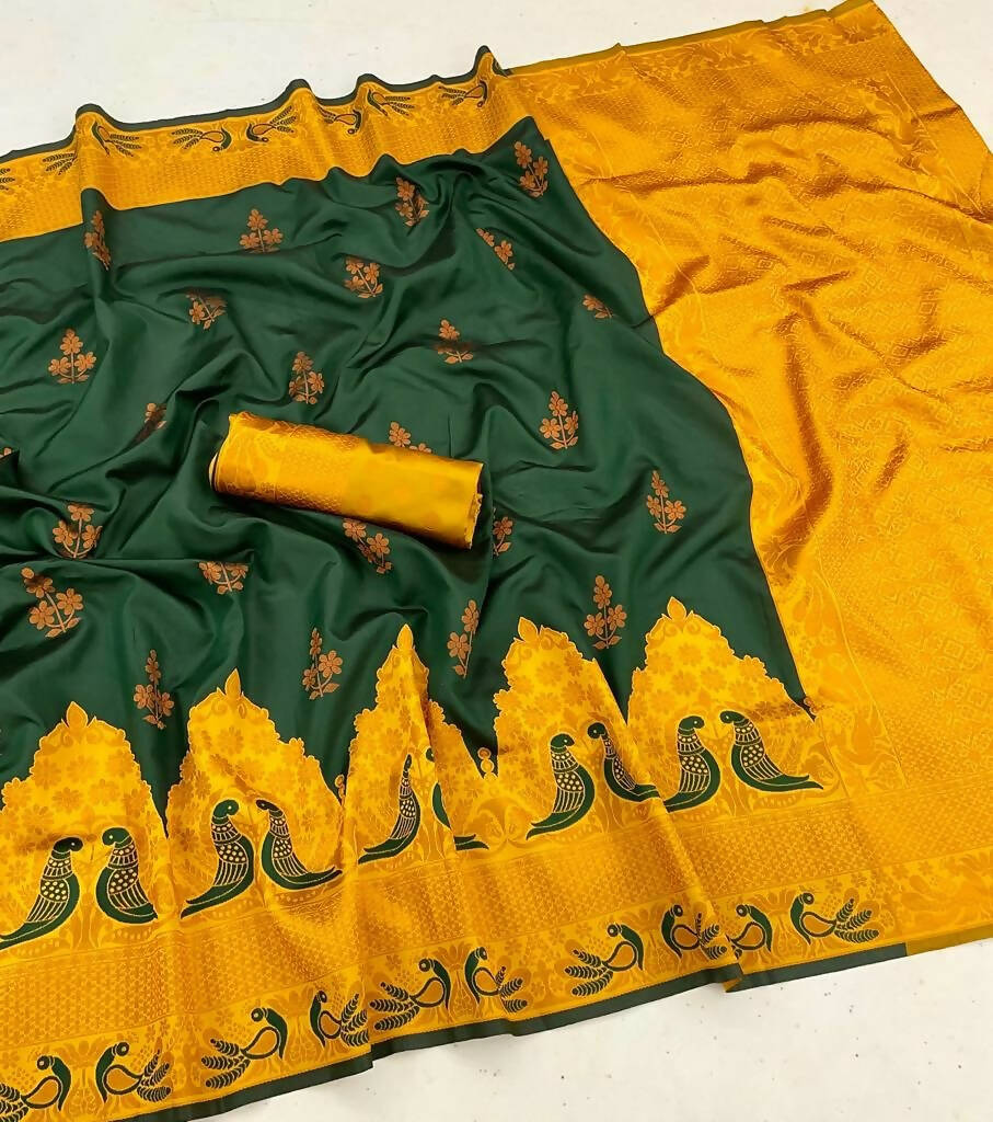 DEIANA'S Beautiful Golden Jari with New Design Soft Lichi Silk Saree - Green - Distacart